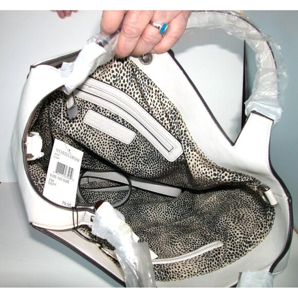 Sole Society Large White Leather Tote Bag With Studded Accents & Animal Print In - Picture 1 of 4